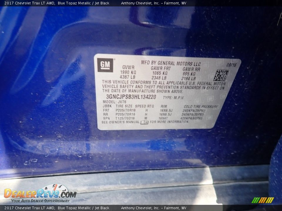 2017 Chevrolet Trax LT AWD Blue Topaz Metallic / Jet Black Photo #15