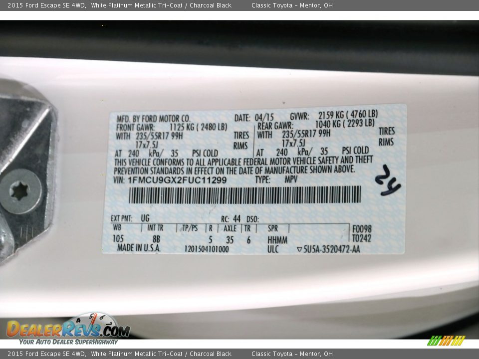 2015 Ford Escape SE 4WD White Platinum Metallic Tri-Coat / Charcoal Black Photo #23