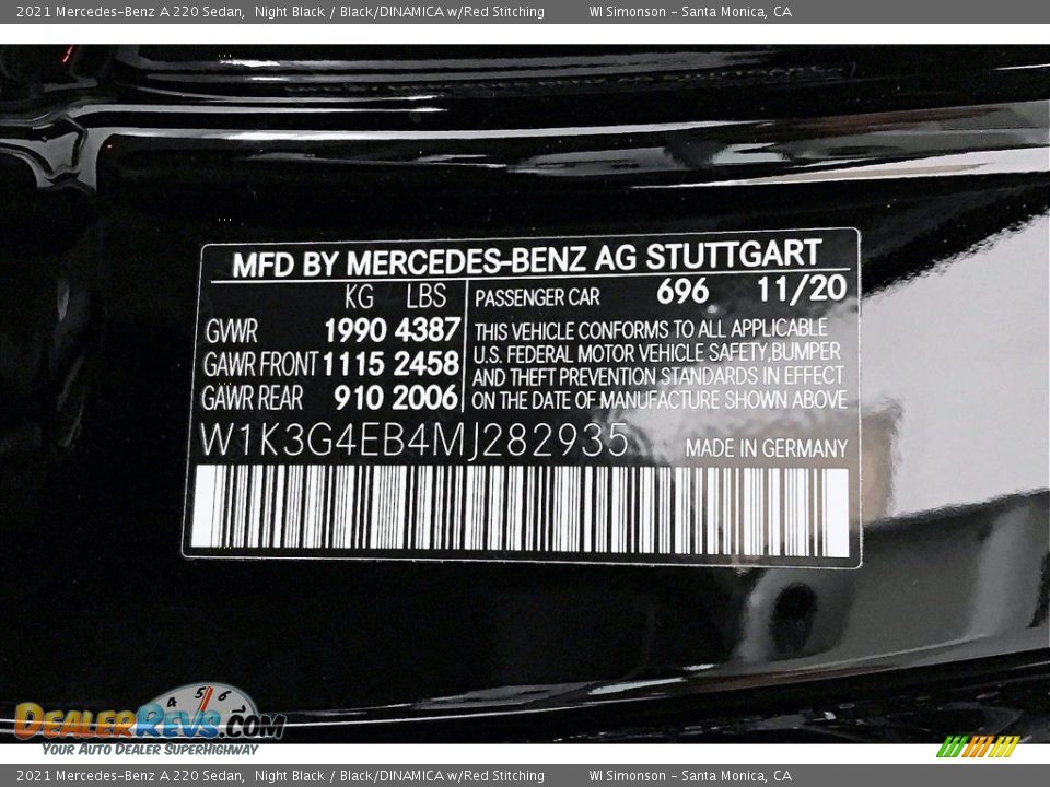 2021 Mercedes-Benz A 220 Sedan Night Black / Black/DINAMICA w/Red Stitching Photo #11