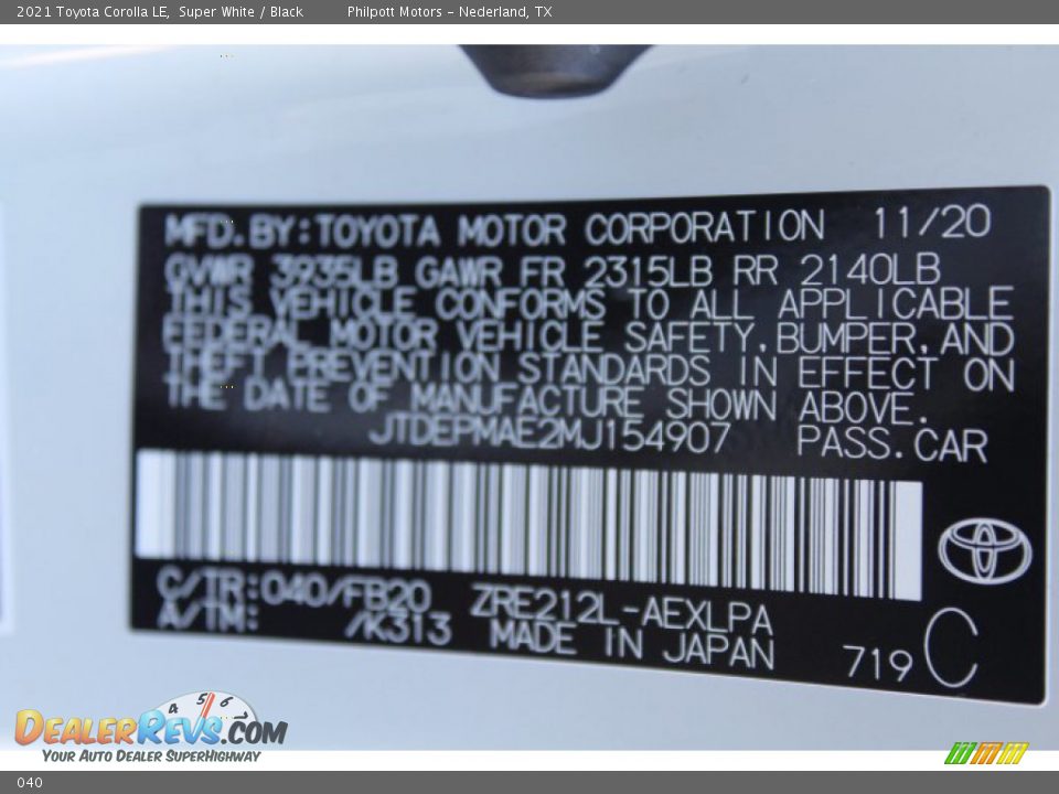 Toyota Color Code 040 Super White