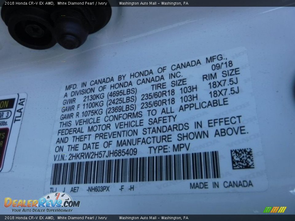 2018 Honda CR-V EX AWD White Diamond Pearl / Ivory Photo #29