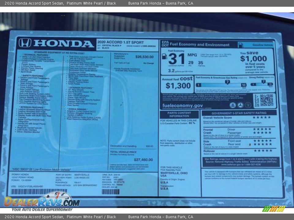 2020 Honda Accord Sport Sedan Platinum White Pearl / Black Photo #17