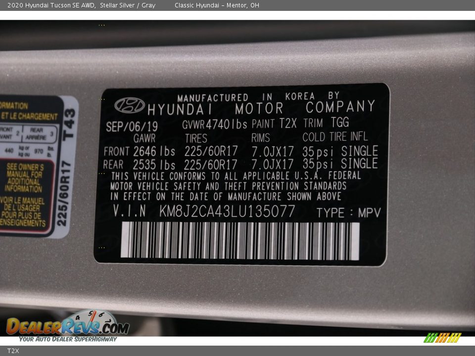 Hyundai Color Code T2X Stellar Silver