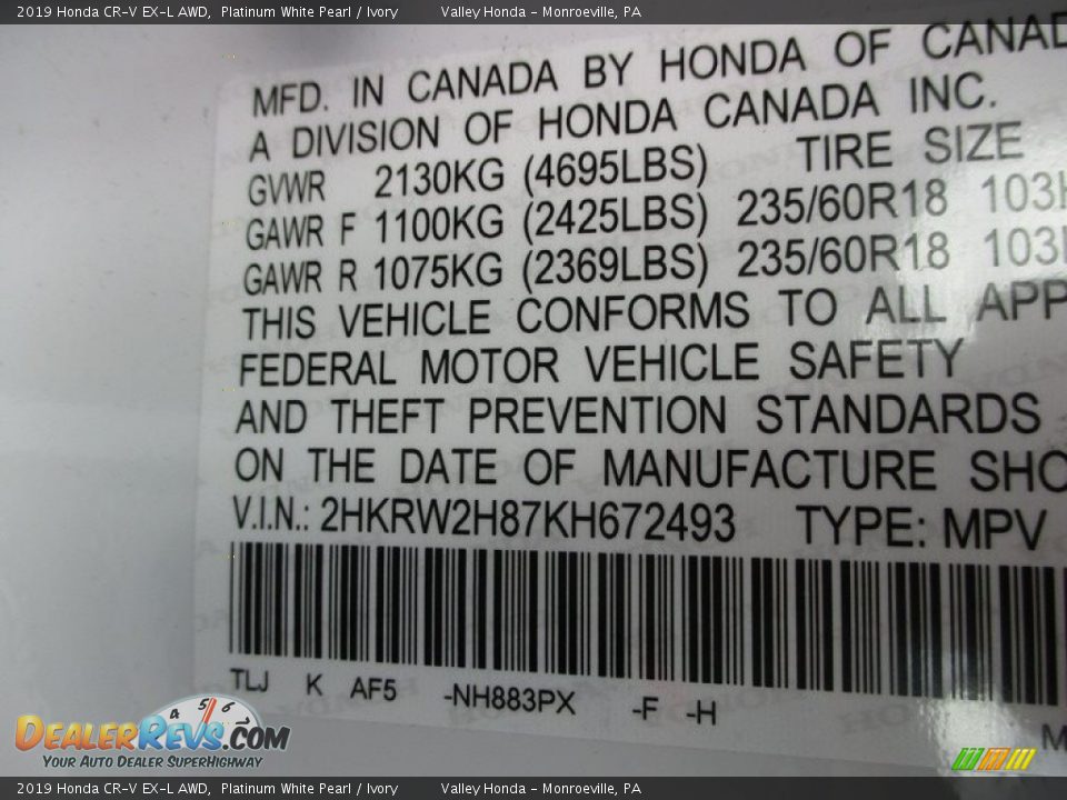 2019 Honda CR-V EX-L AWD Platinum White Pearl / Ivory Photo #19