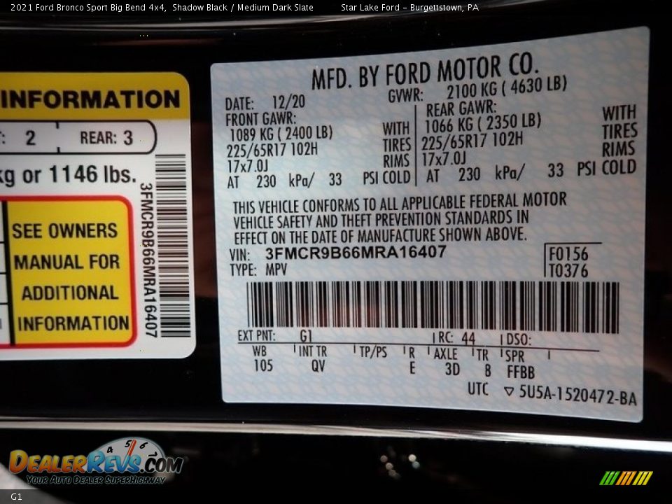 Ford Color Code G1 Shadow Black