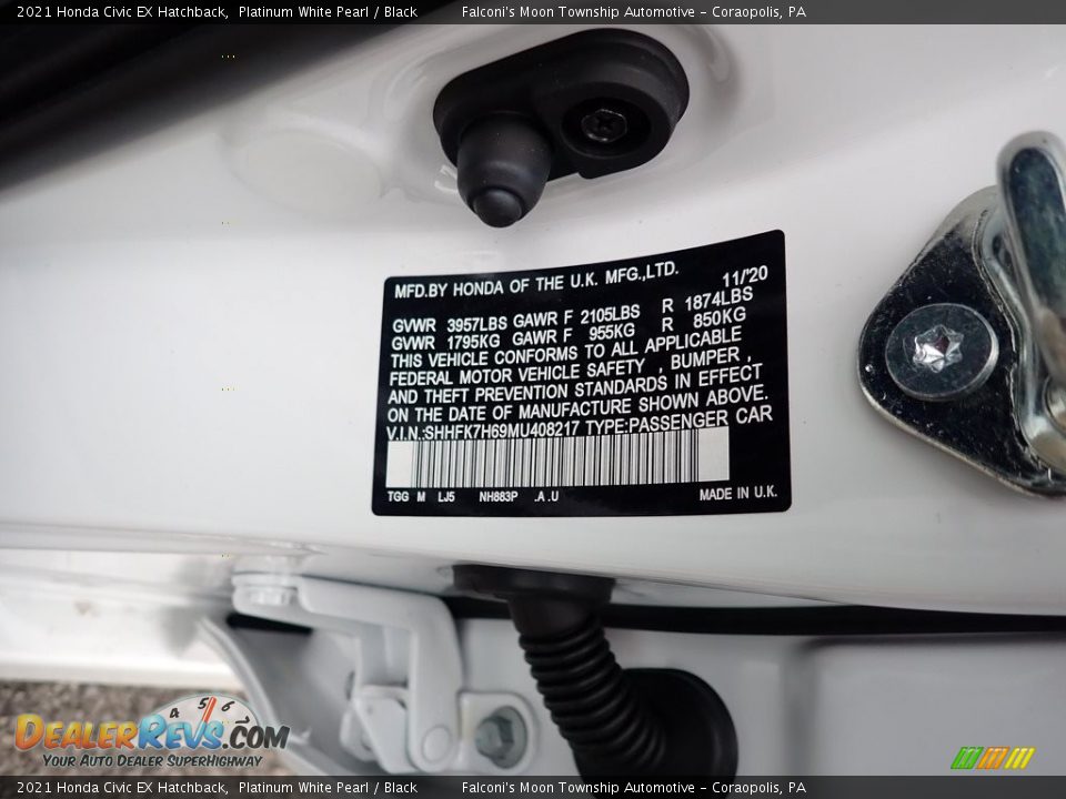2021 Honda Civic EX Hatchback Platinum White Pearl / Black Photo #13
