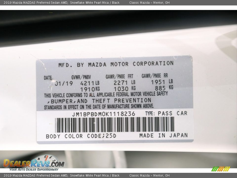 2019 Mazda MAZDA3 Preferred Sedan AWD Snowflake White Pearl Mica / Black Photo #20