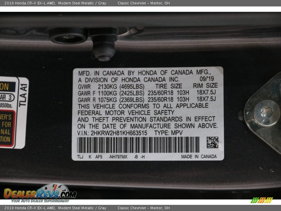 2019 Honda CR-V EX-L AWD Modern Steel Metallic / Gray Photo #33