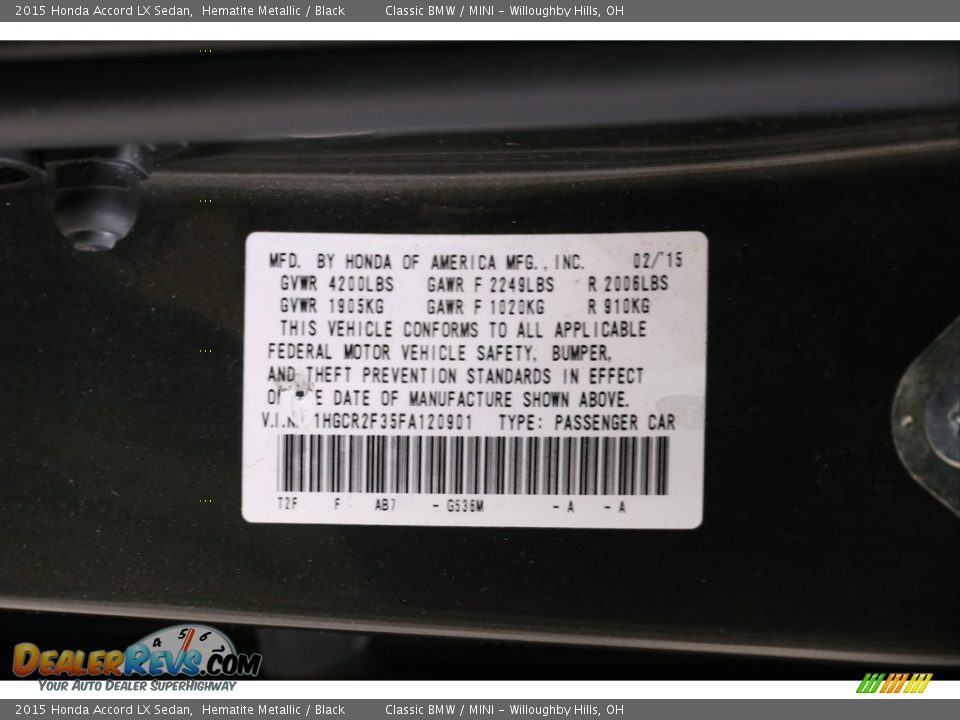 2015 Honda Accord LX Sedan Hematite Metallic / Black Photo #23