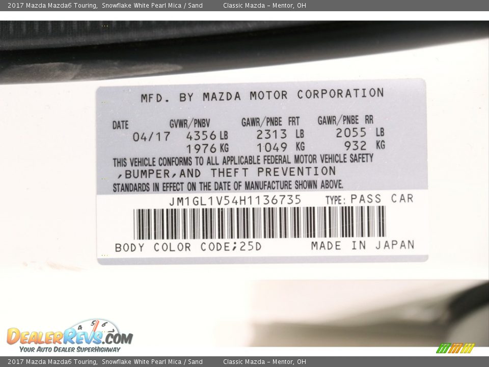 2017 Mazda Mazda6 Touring Snowflake White Pearl Mica / Sand Photo #18