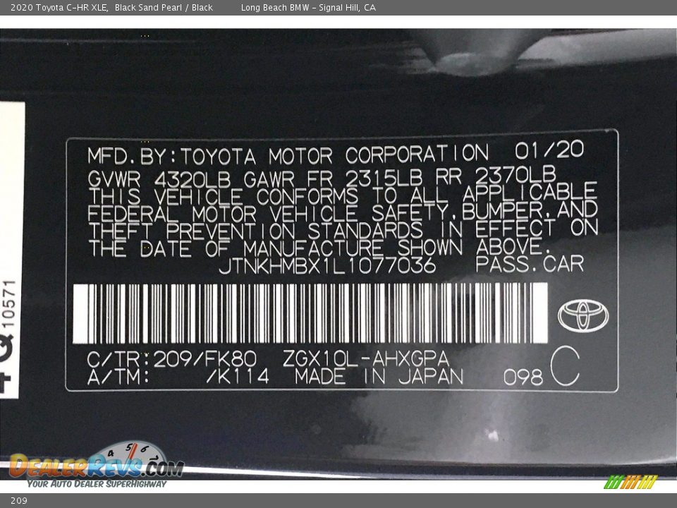 Toyota Color Code 209 Black Sand Pearl