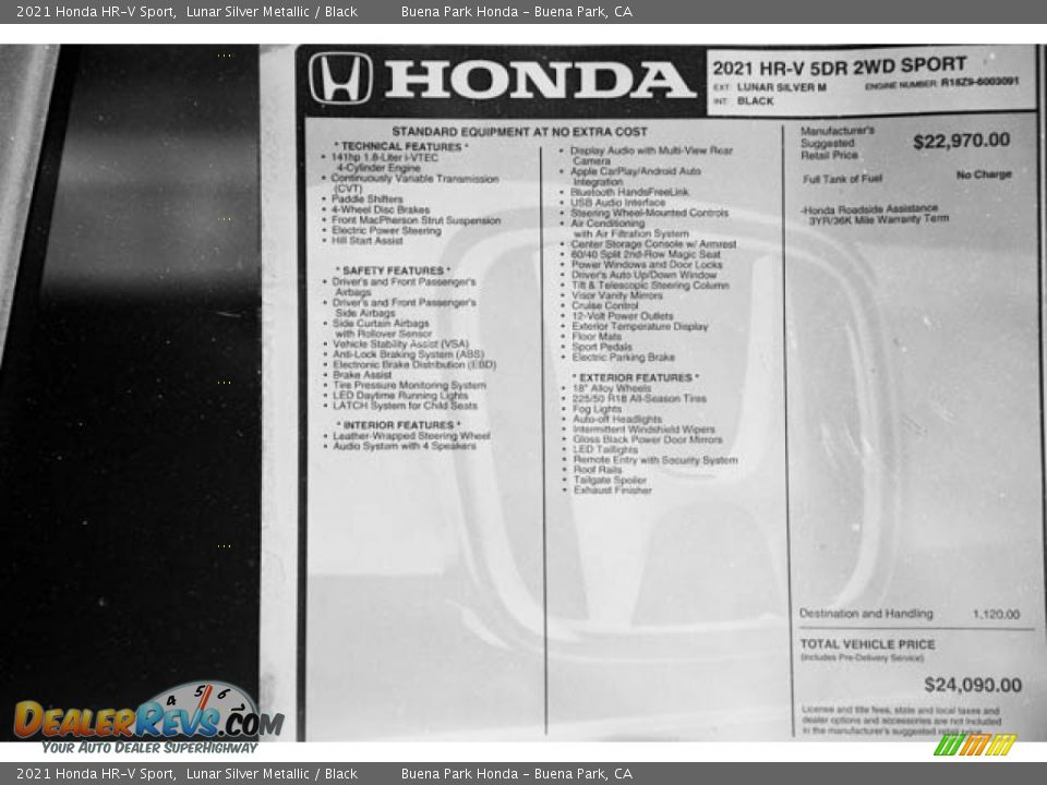 2021 Honda HR-V Sport Lunar Silver Metallic / Black Photo #34