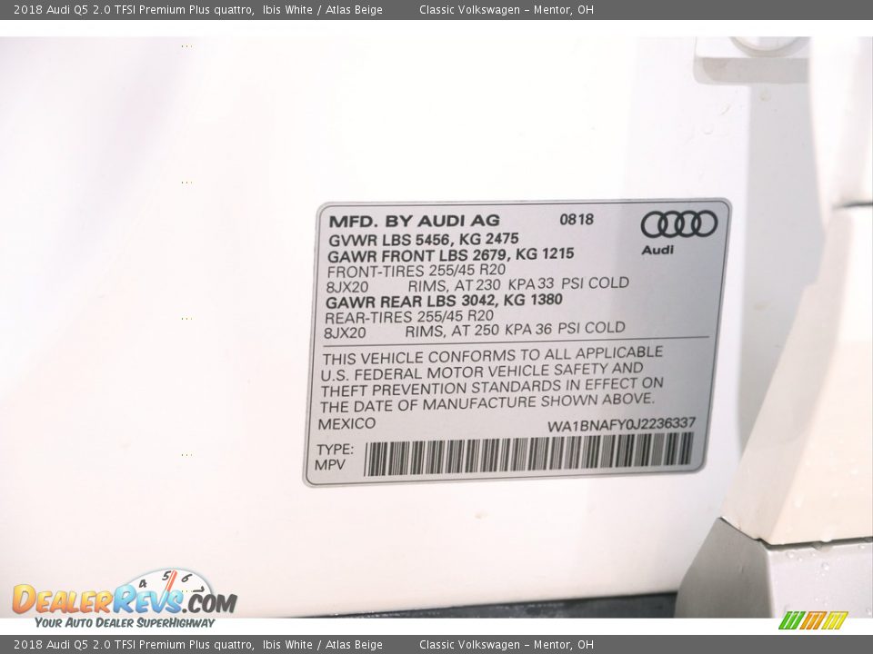 2018 Audi Q5 2.0 TFSI Premium Plus quattro Ibis White / Atlas Beige Photo #20