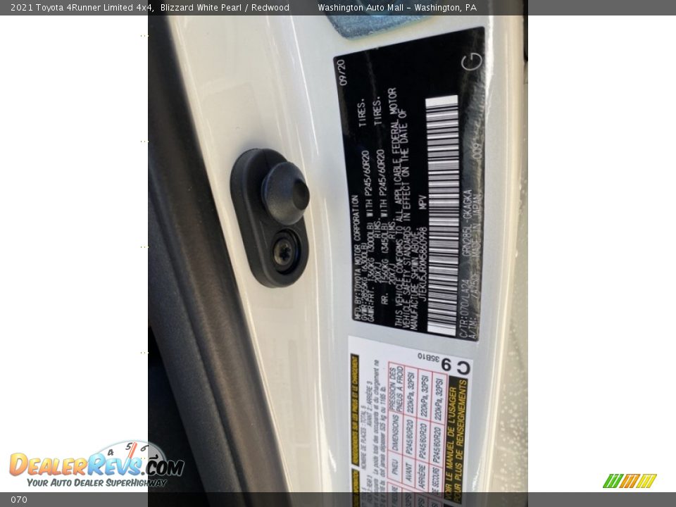 Toyota Color Code 070 Blizzard White Pearl