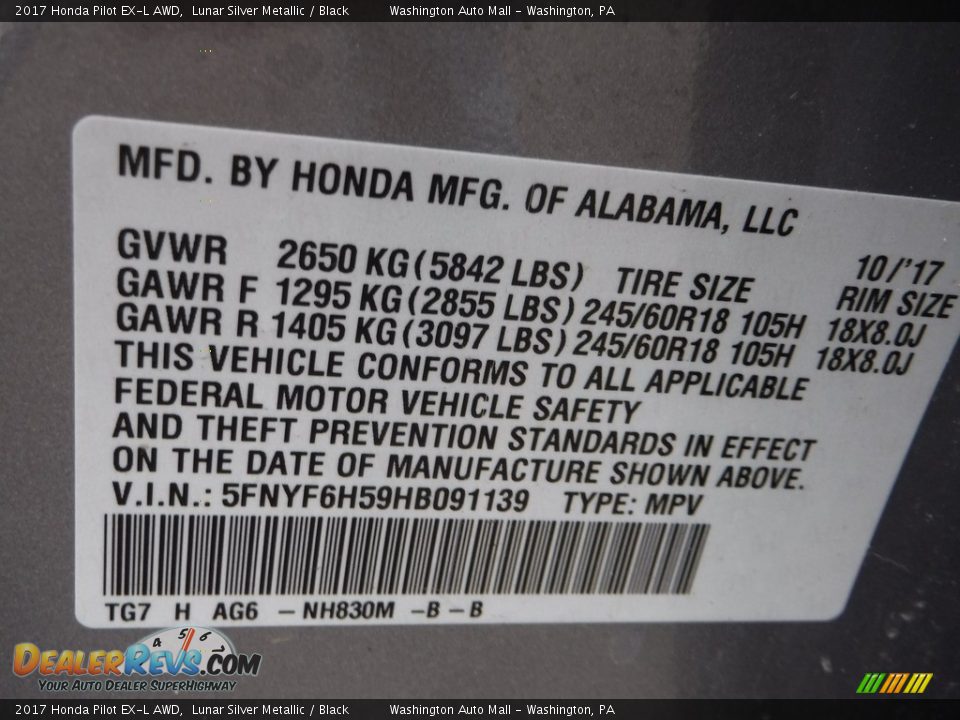 2017 Honda Pilot EX-L AWD Lunar Silver Metallic / Black Photo #29