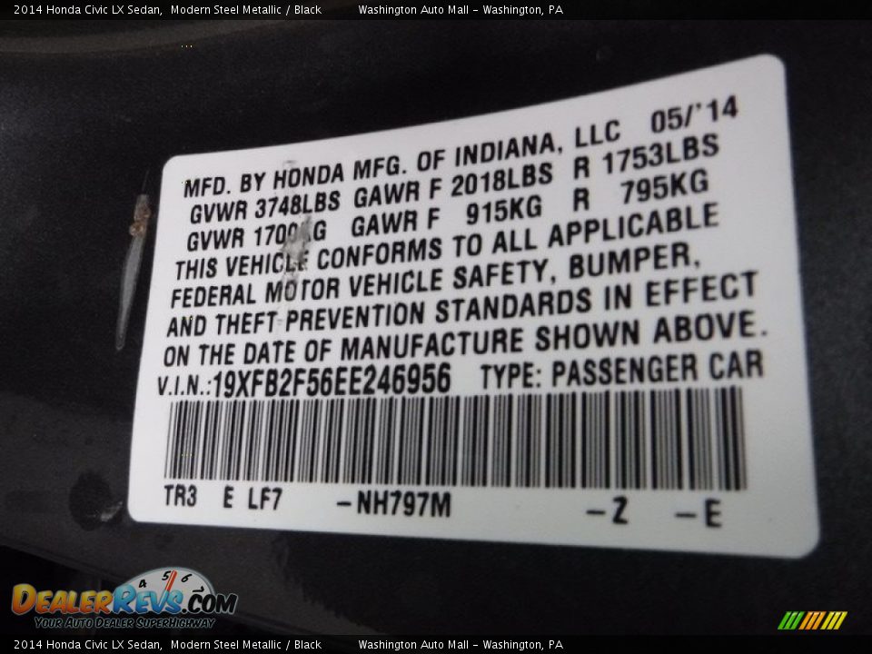 2014 Honda Civic LX Sedan Modern Steel Metallic / Black Photo #24