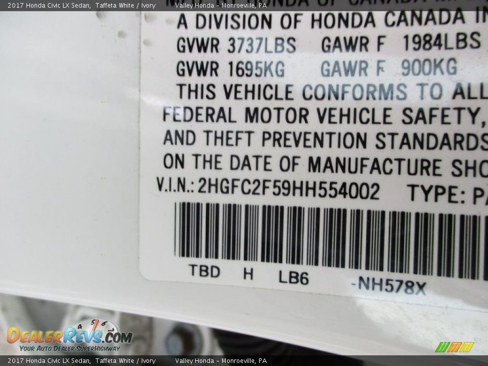 2017 Honda Civic LX Sedan Taffeta White / Ivory Photo #19