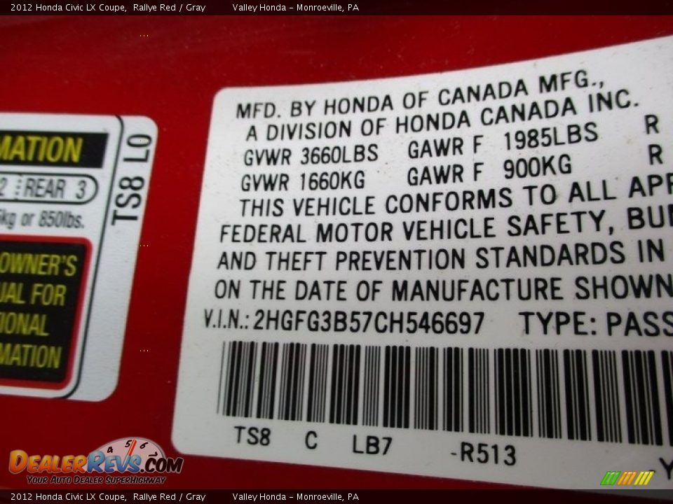 2012 Honda Civic LX Coupe Rallye Red / Gray Photo #19