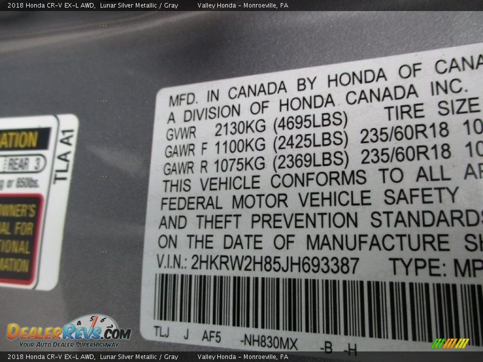 2018 Honda CR-V EX-L AWD Lunar Silver Metallic / Gray Photo #19