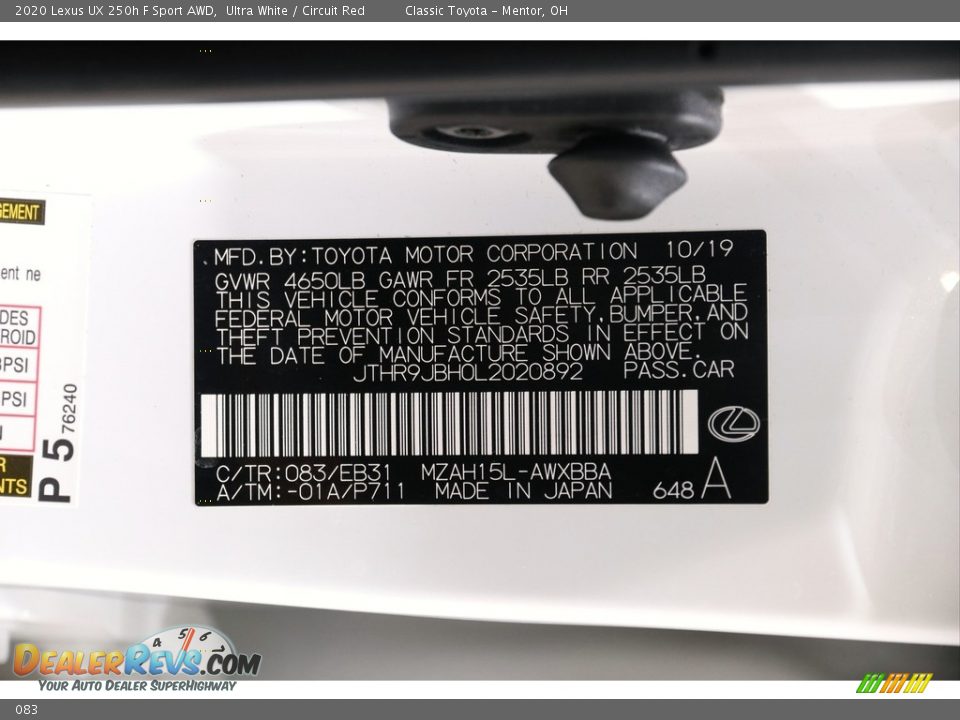 Lexus Color Code 083 Ultra White