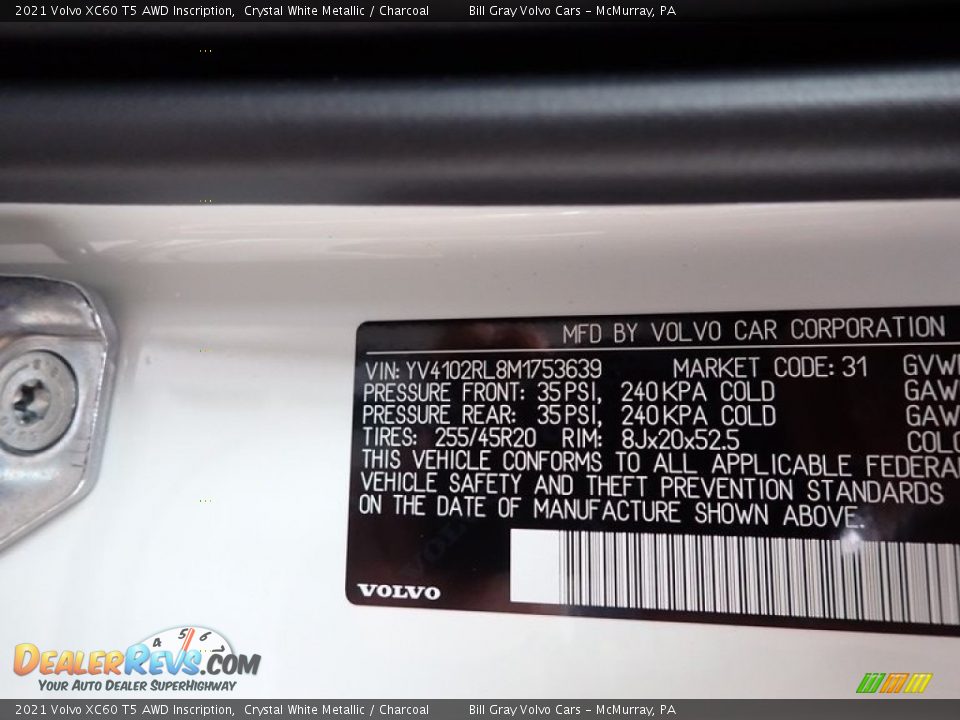 2021 Volvo XC60 T5 AWD Inscription Crystal White Metallic / Charcoal Photo #12