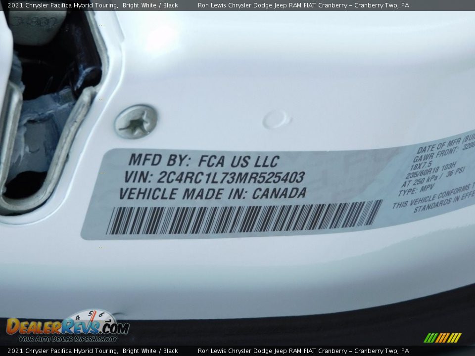 2021 Chrysler Pacifica Hybrid Touring Bright White / Black Photo #20