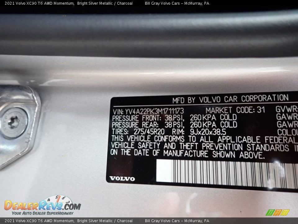 2021 Volvo XC90 T6 AWD Momentum Bright Silver Metallic / Charcoal Photo #11