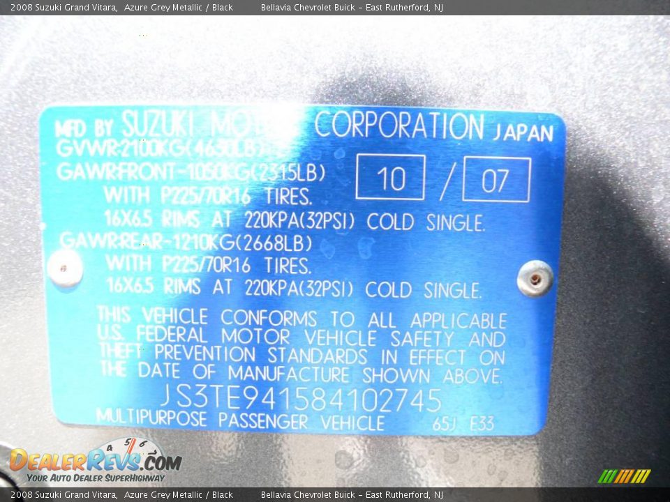 2008 Suzuki Grand Vitara Azure Grey Metallic / Black Photo #15