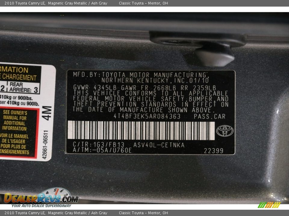 2010 Toyota Camry LE Magnetic Gray Metallic / Ash Gray Photo #20
