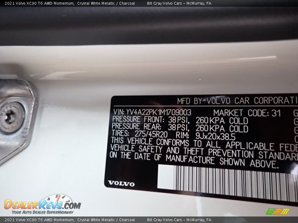 2021 Volvo XC90 T6 AWD Momentum Crystal White Metallic / Charcoal Photo #11