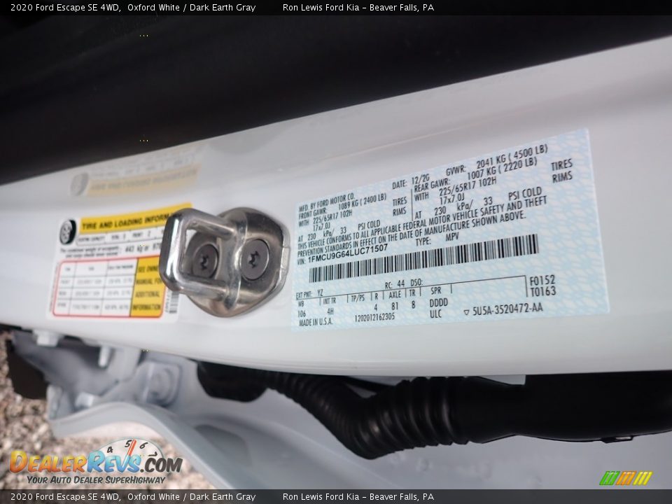 2020 Ford Escape SE 4WD Oxford White / Dark Earth Gray Photo #14