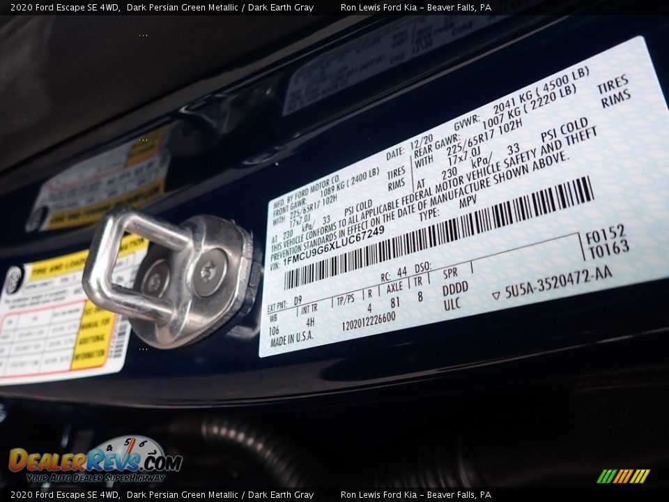 2020 Ford Escape SE 4WD Dark Persian Green Metallic / Dark Earth Gray Photo #14