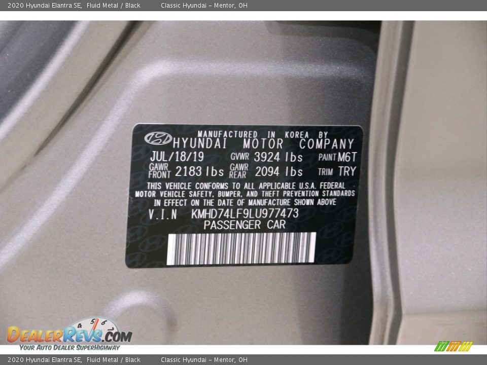 2020 Hyundai Elantra SE Fluid Metal / Black Photo #19