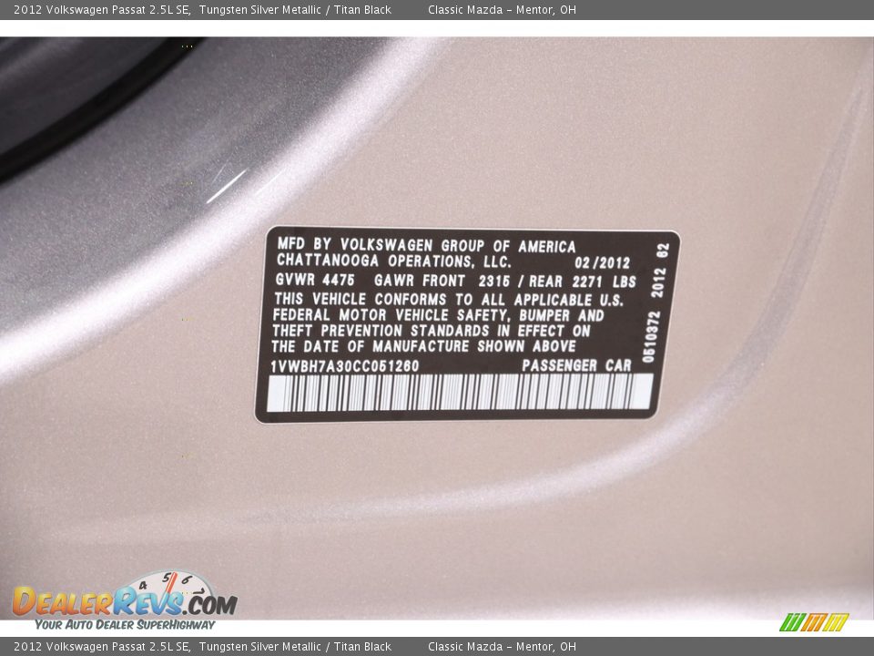 2012 Volkswagen Passat 2.5L SE Tungsten Silver Metallic / Titan Black Photo #19