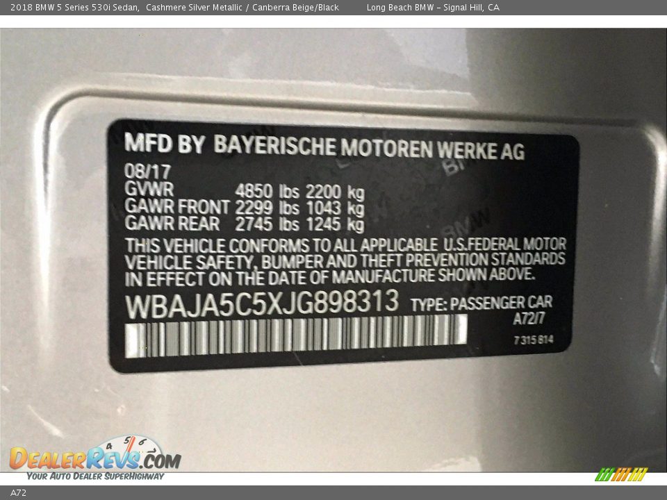 BMW Color Code A72 Cashmere Silver Metallic