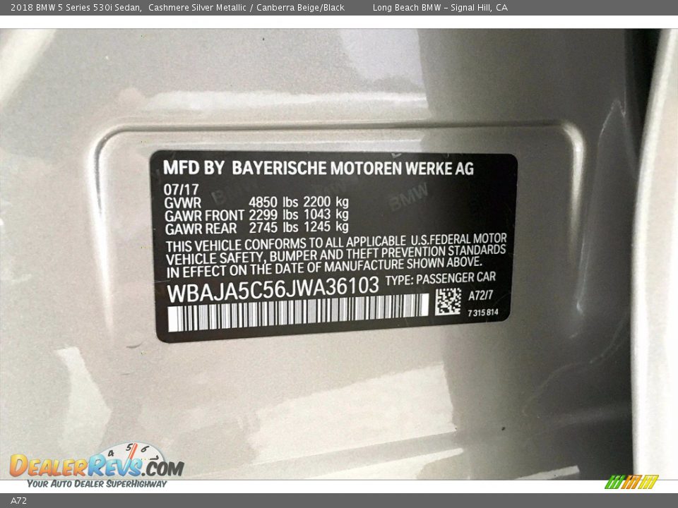 BMW Color Code A72 Cashmere Silver Metallic