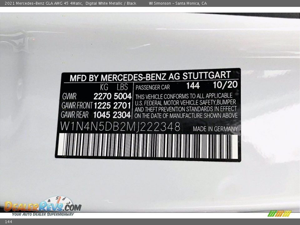 Mercedes-Benz Color Code 144 Digital White Metallic