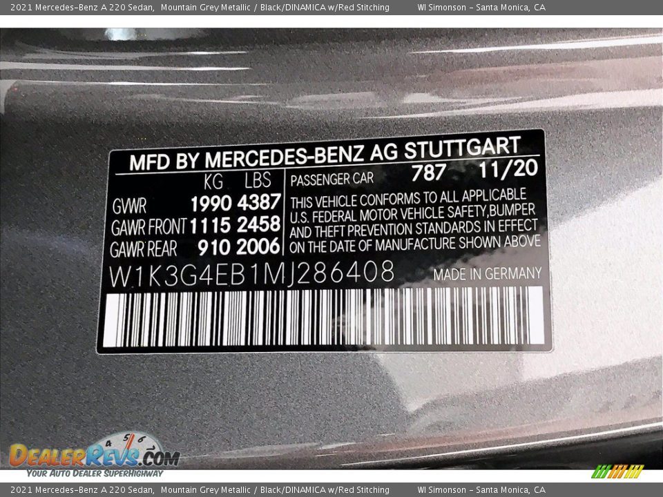 2021 Mercedes-Benz A 220 Sedan Mountain Grey Metallic / Black/DINAMICA w/Red Stitching Photo #10