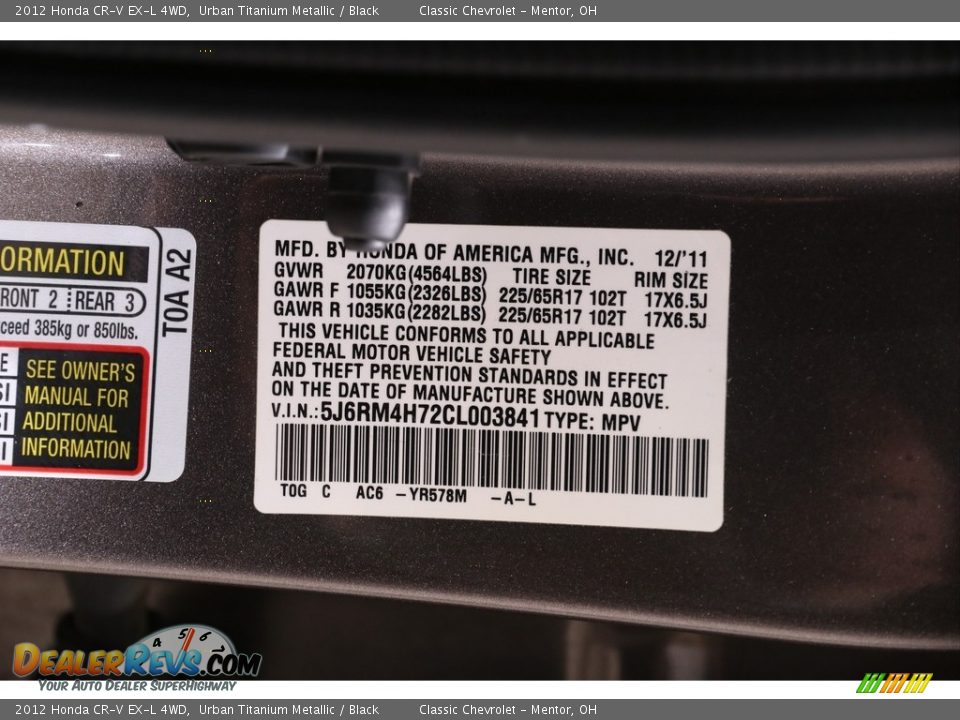 2012 Honda CR-V EX-L 4WD Urban Titanium Metallic / Black Photo #24