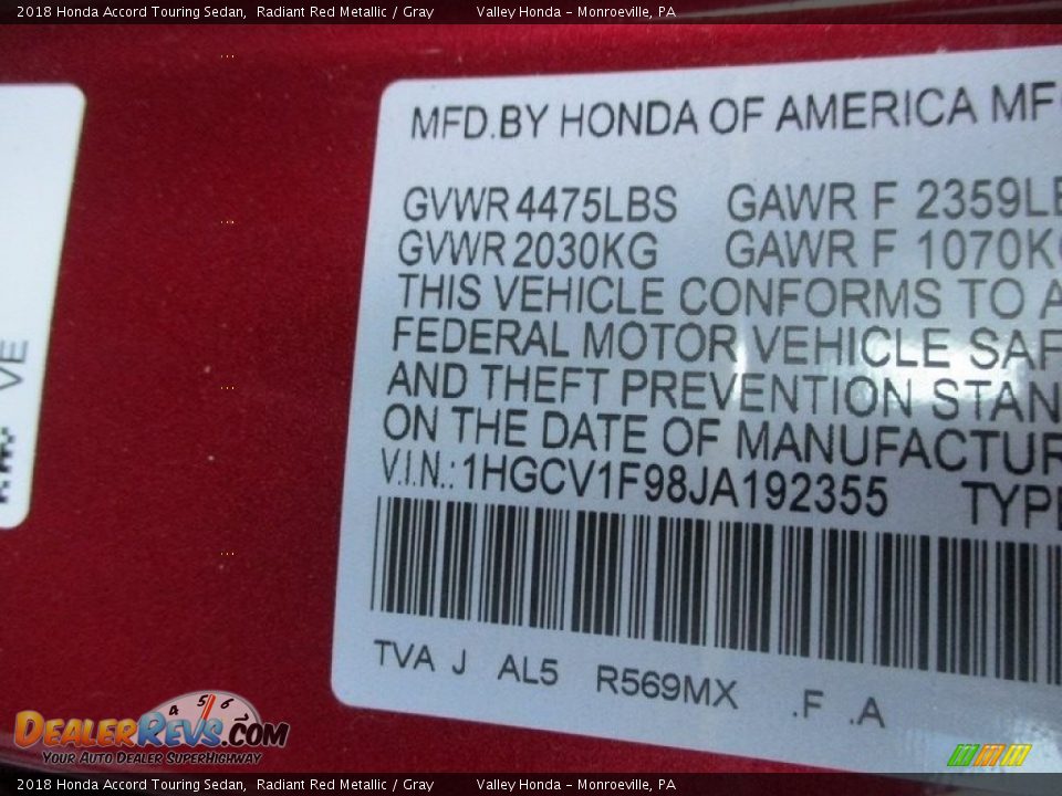 2018 Honda Accord Touring Sedan Radiant Red Metallic / Gray Photo #19