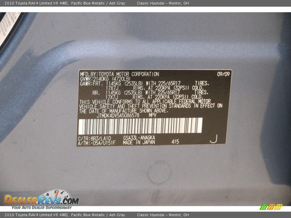 2010 Toyota RAV4 Limited V6 4WD Pacific Blue Metallic / Ash Gray Photo #19