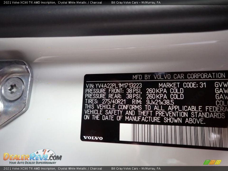2021 Volvo XC90 T6 AWD Inscription Crystal White Metallic / Charcoal Photo #11