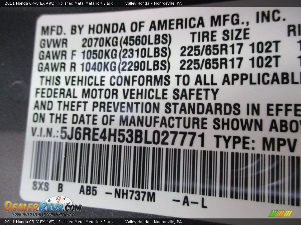 2011 Honda CR-V EX 4WD Polished Metal Metallic / Black Photo #19