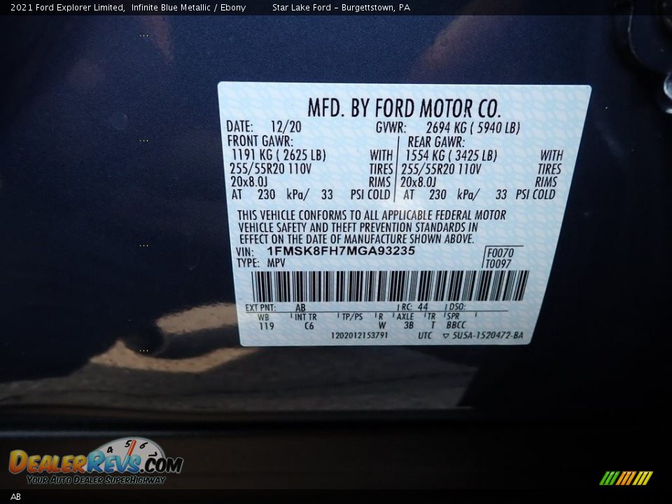 Ford Color Code AB Infinite Blue Metallic