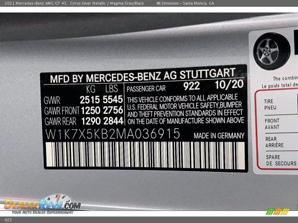 Mercedes-Benz Color Code 922 Cirrus Silver Metallic