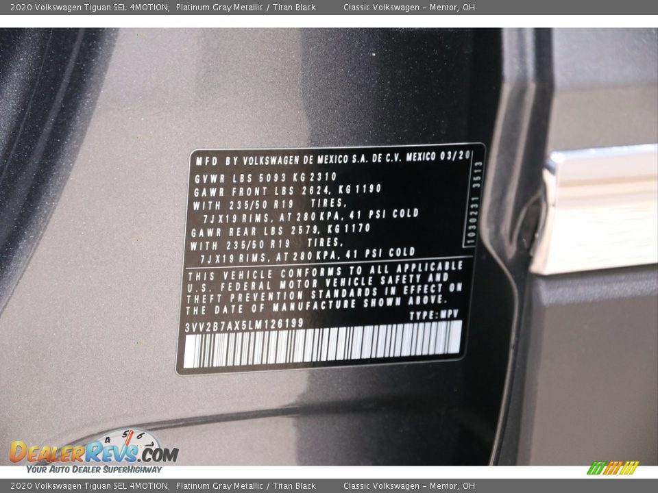 2020 Volkswagen Tiguan SEL 4MOTION Platinum Gray Metallic / Titan Black Photo #19