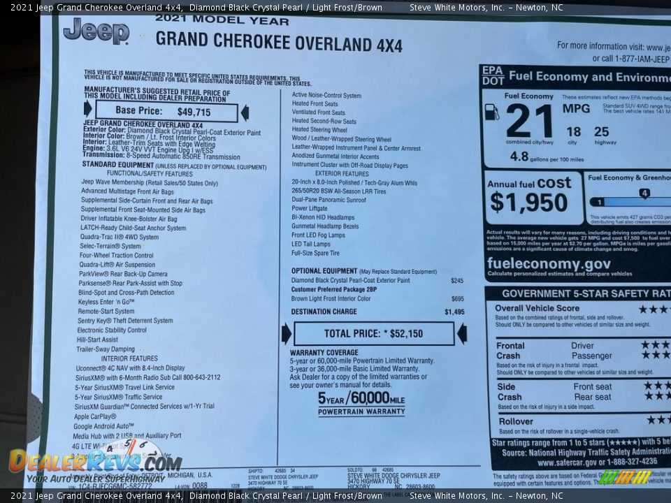 2021 Jeep Grand Cherokee Overland 4x4 Window Sticker Photo #33