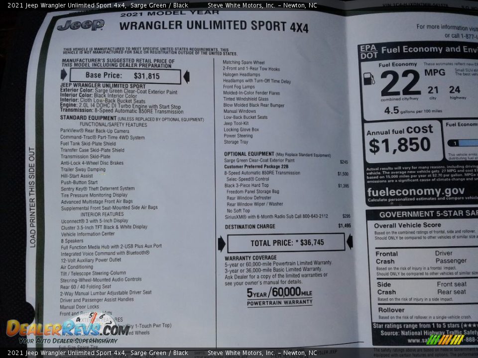 2021 Jeep Wrangler Unlimited Sport 4x4 Window Sticker Photo #26