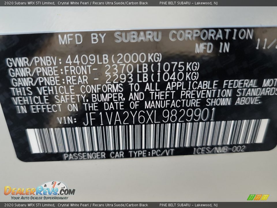 2020 Subaru WRX STI Limited Crystal White Pearl / Recaro Ultra Suede/Carbon Black Photo #14