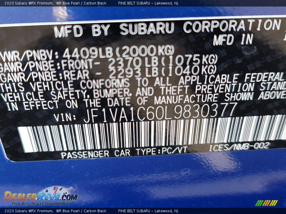 2020 Subaru WRX Premium WR Blue Pearl / Carbon Black Photo #13